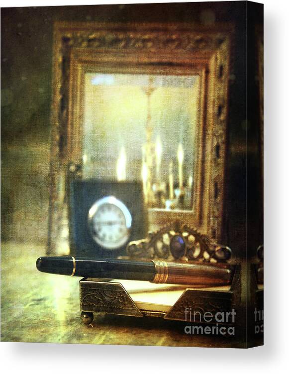 Aged Canvas Print featuring the photograph Nostalgic still life of writing pen with clock in background by Sandra Cunningham