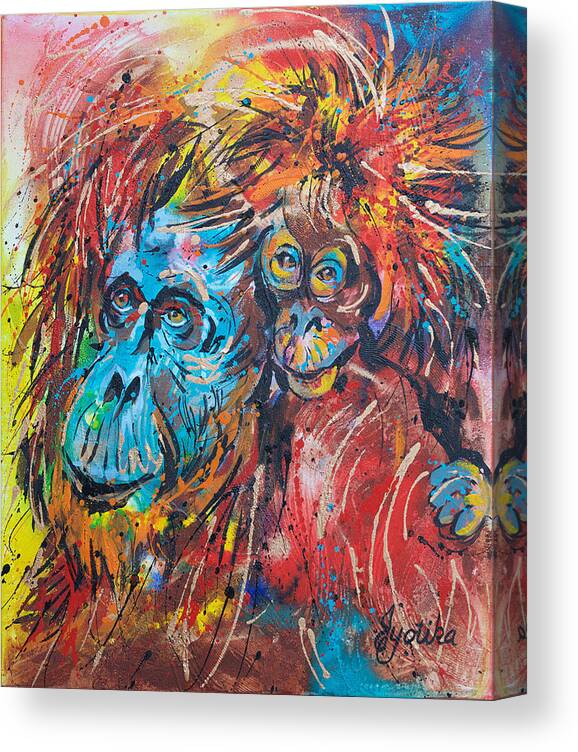 Orangutan Mother And Baby Canvas Print featuring the painting Orangutan Joyful Ride by Jyotika Shroff