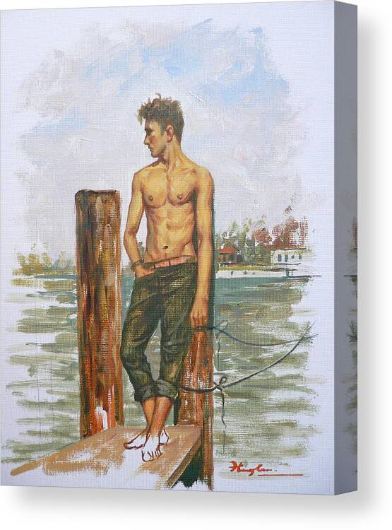 Original Art Canvas Print featuring the painting Original Oil Painting Art Male Nude Boy On Canvas Panle #16-1-26-03 by Hongtao Huang