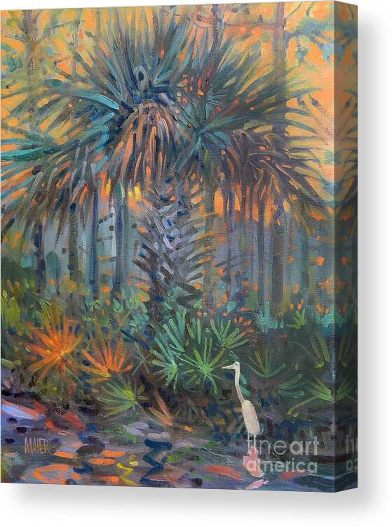Egret Canvas Print featuring the painting Palm and Egret by Donald Maier