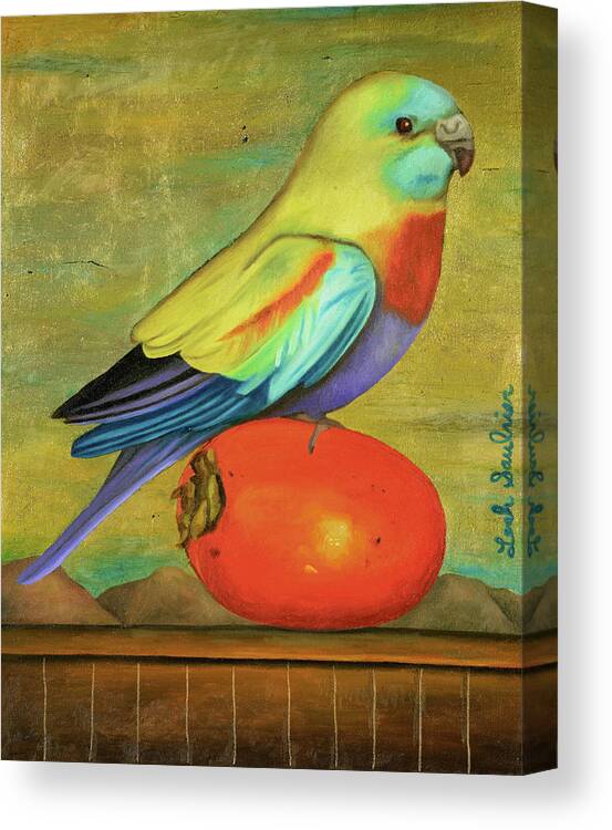 Parakeet Canvas Print featuring the painting Parakeet On A Persimmon by Leah Saulnier The Painting Maniac