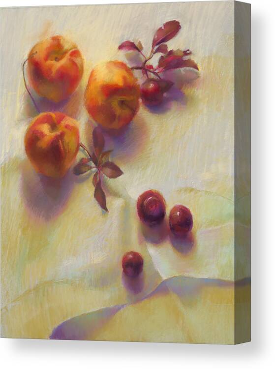 Pastel Canvas Print featuring the painting Peaches and Cherries by Cathy Locke