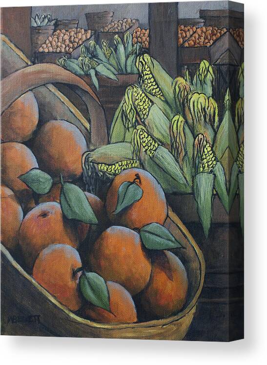 Peaches Canvas Print featuring the painting Peaches and Corn by Michael Beckett