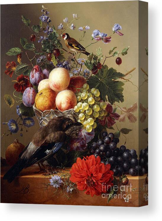 Peaches Canvas Print featuring the painting Peaches, Grapes, Plums and Flowers in a Glass vase with a Jay on a Ledge by Arnoldus Bloemers