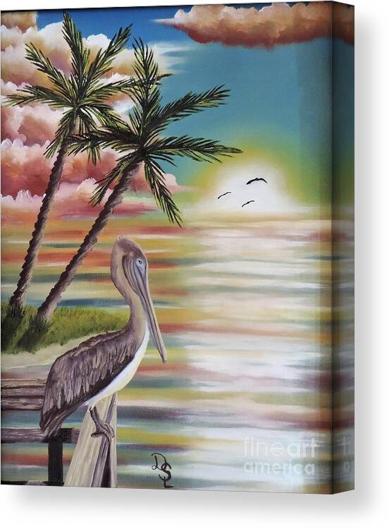 Florida Canvas Print featuring the painting Pelican Sunset by Dianna Lewis