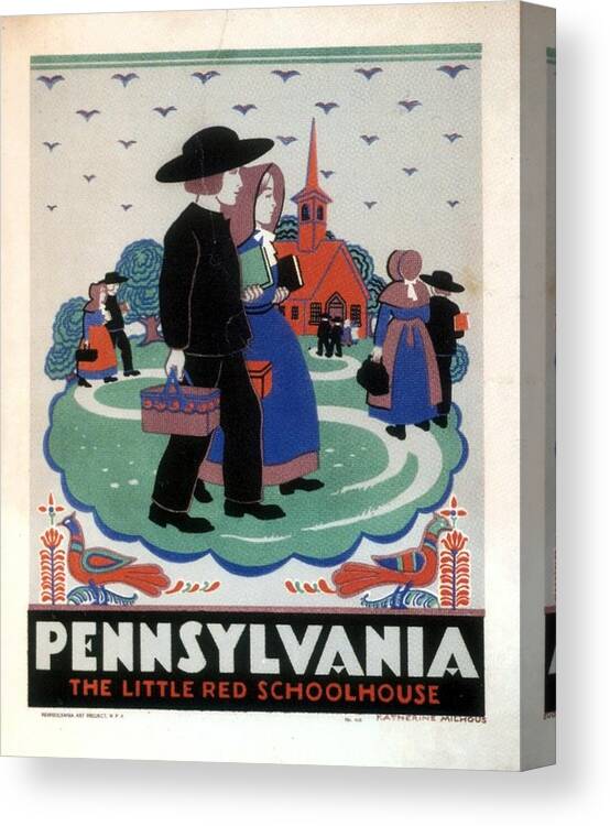 Pennsylvania Canvas Print featuring the mixed media Pennsylvania - The Little Red Schoolhouse - Retro travel Poster - Vintage Poster by Studio Grafiikka