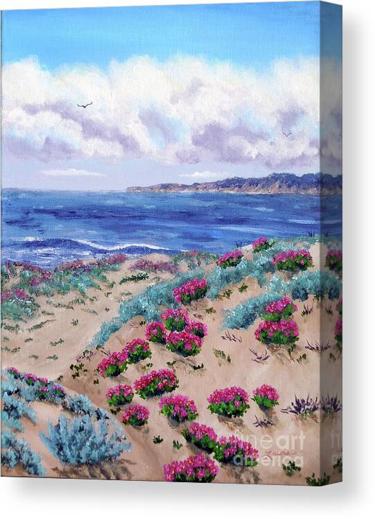 Seascape Canvas Print featuring the painting Pink Daisies in Sand Dunes by Laura Iverson