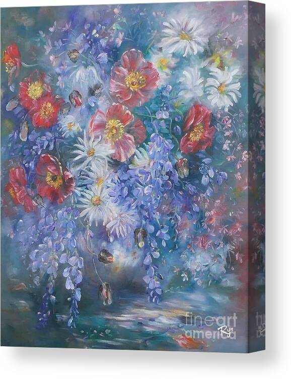 Poppies Canvas Print featuring the painting Poppies, Wisteria and marguerites by Ryn Shell