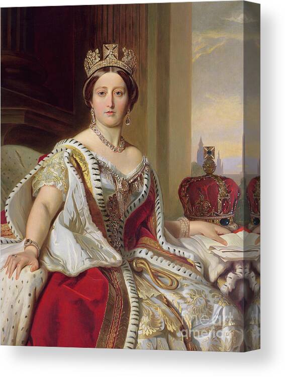 Female; Three-quarter Length; Seated; Crown; Ermine-trimmed Robe; Ermine; Jewellery; Jewelry; Queen; Royal; Imposing; Regal; Robes; Official; Formal; Young; Youth; Queen Canvas Print featuring the painting Portrait of Queen Victoria by Franz Xavier Winterhalter