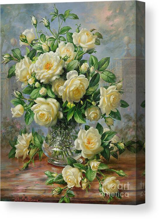 In Honour Of Lady Diana Spencer (1961-97); Still Life; Flower; Rose; Arrangement; Princess Of Wales (1981-96); Homage; Yellow; Flowers; Leafs Canvas Print featuring the painting Princess Diana Roses in a Cut Glass Vase by Albert Williams