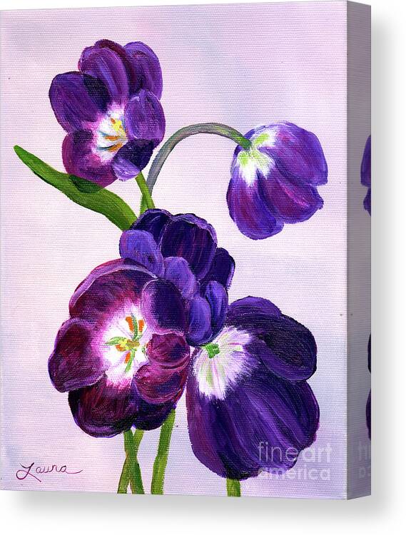 Tulips Canvas Print featuring the painting Purple Tulips on Gray Background by Laura Iverson