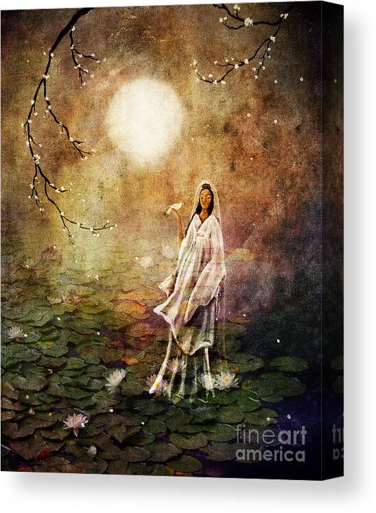 Quan Yin Canvas Print featuring the digital art Quan Yin in a Lotus Pond by Laura Iverson
