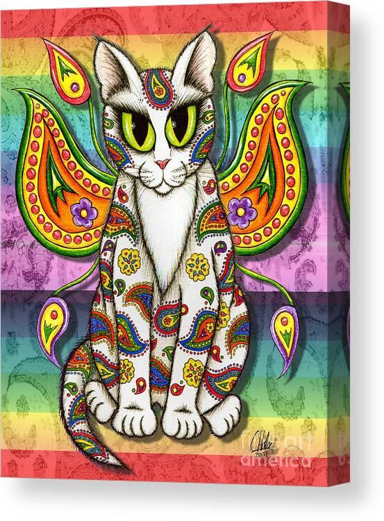 Rainbow Cat Canvas Print featuring the mixed media Rainbow Paisley Fairy Cat by Carrie Hawks
