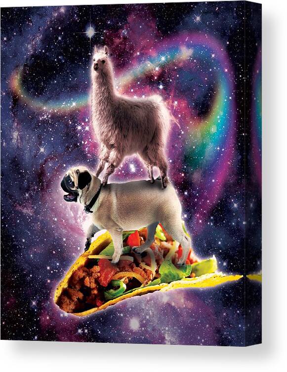 Llama Canvas Print featuring the digital art Rainbow Space Llama On Pug Riding Taco by Random Galaxy