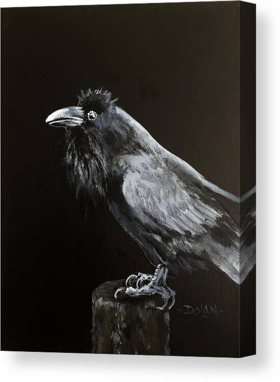 Raven Canvas Print featuring the painting Raven on Post by Pat Dolan