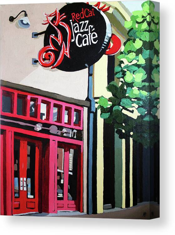 Cityscape Canvas Print featuring the painting Red Cat Jazz Cafe by Melinda Patrick