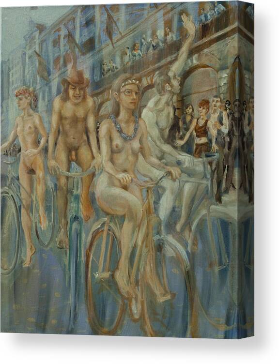 Nudes Canvas Print featuring the painting Riding passed Le Meridien in June by Peregrine Roskilly