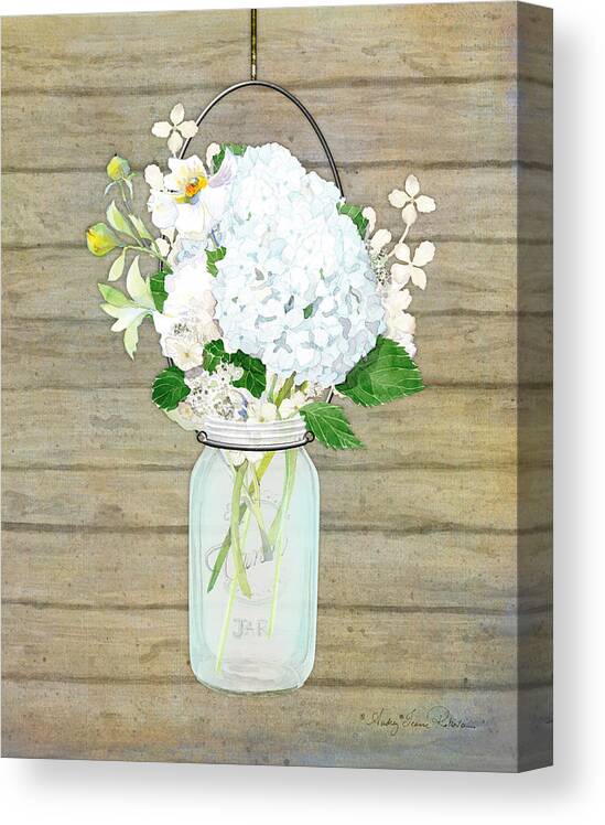 White Hydrangea Canvas Print featuring the painting Rustic Country White Hydrangea n Matillija Poppy Mason Jar Bouquet on Wooden Fence by Audrey Jeanne Roberts