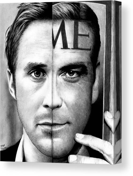 Ryan Gosling Canvas Print featuring the drawing Ryan Gosling and George Clooney by Rick Fortson