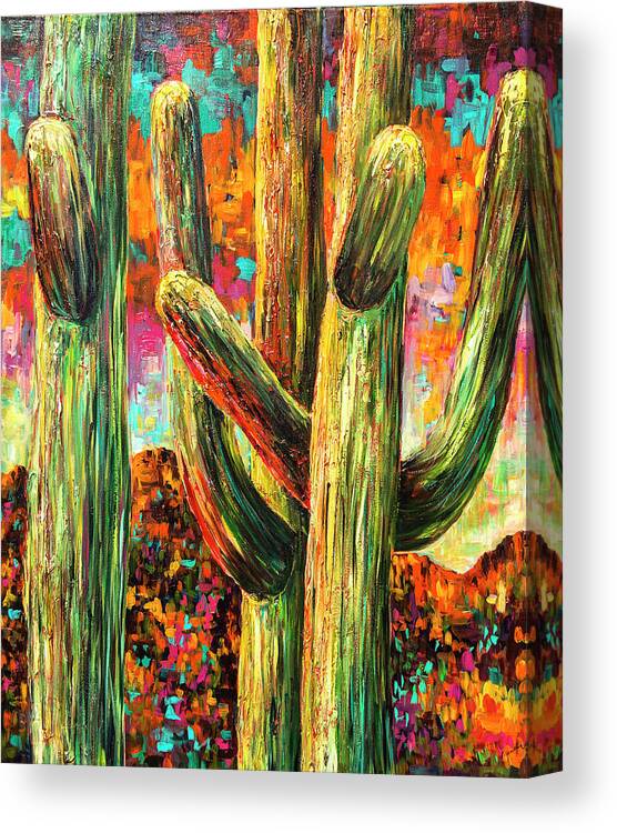 Saguaros Canvas Print featuring the painting Saguaros at Sunset by Sally Quillin