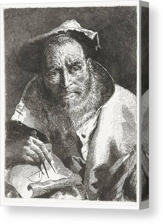 Scientist With Beret On Head And Compass In Hand Canvas Print featuring the painting Scientist with beret on head and compass in hand Giovanni Domenico Tiepolo after Giovanni Battista by Celestial Images