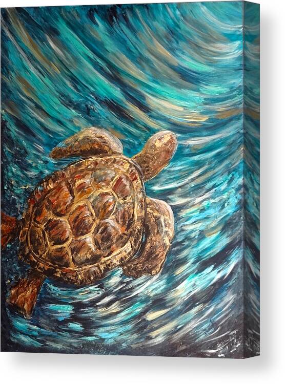 Sea Canvas Print featuring the painting Sea Turtle Wave Guam by Michelle Pier