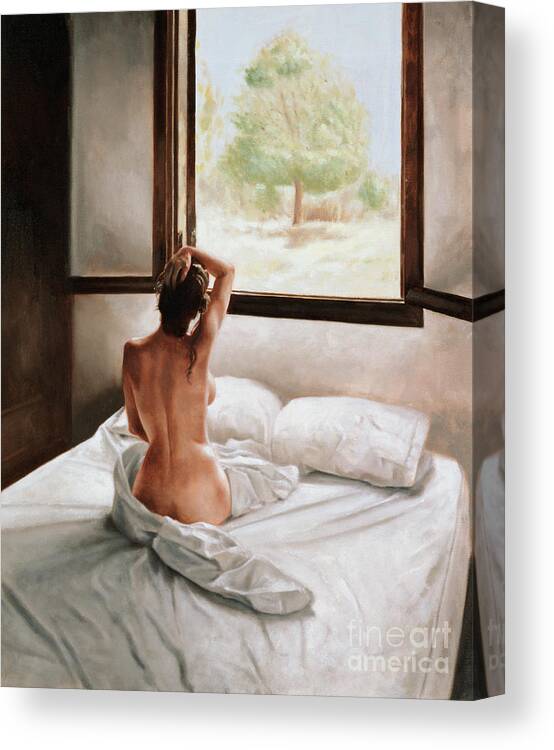 Bed; Waking Up; Female; Woman; Nude; Bedsheets; Sheets; Window; View; Tree Canvas Print featuring the painting September Morning by John Worthington