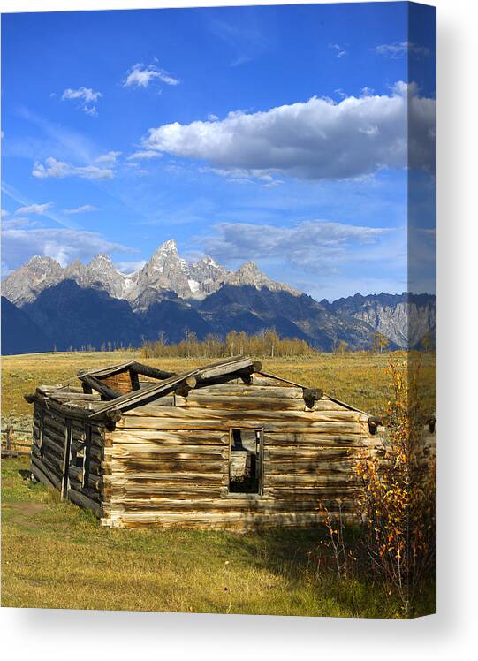 Shane Canvas Print featuring the photograph Shane Cabin and Grand Tetons by Gary Langley