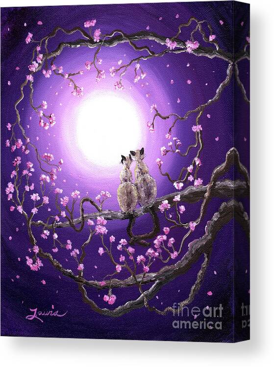 siamese Cat Canvas Print featuring the painting Siamese Cats in Pink Blossoms by Laura Iverson