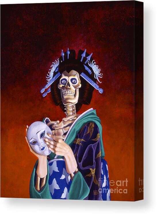 Skeleton Canvas Print featuring the painting Skeletal Geisha with Mask by Melissa A Benson