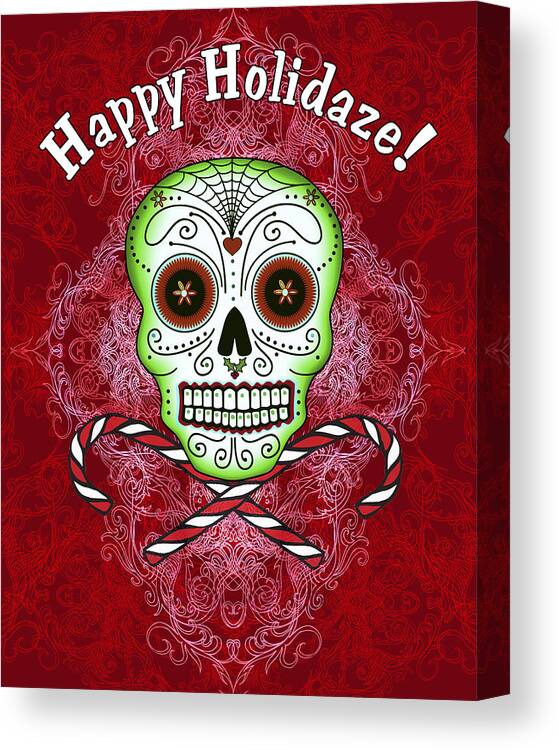 Sugar Skull Christmas Canvas Print featuring the digital art Skull and Candy Canes by Tammy Wetzel