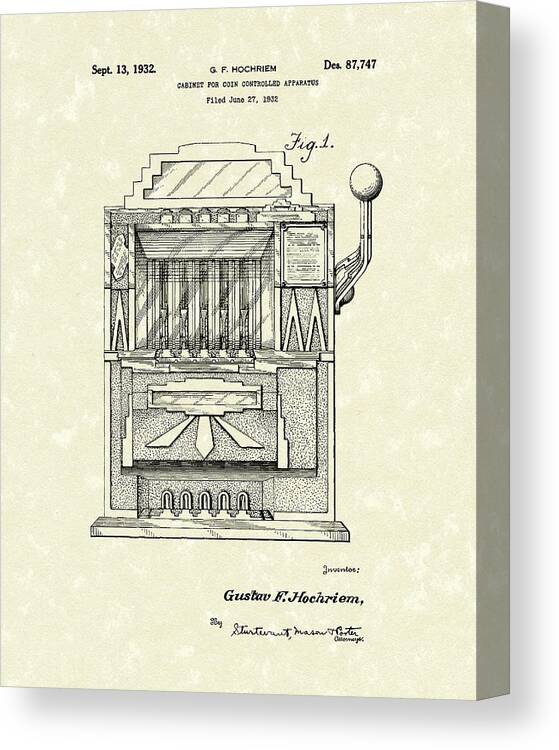 Hochriem Canvas Print featuring the drawing Slot Machine 1932 Patent Art by Prior Art Design