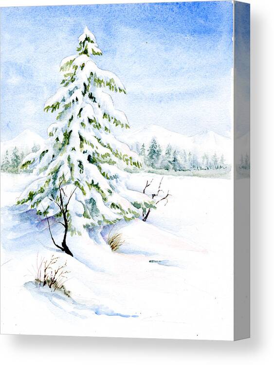 Watercolor Painting Canvas Print featuring the painting Snow On Evergreens by Karla Beatty