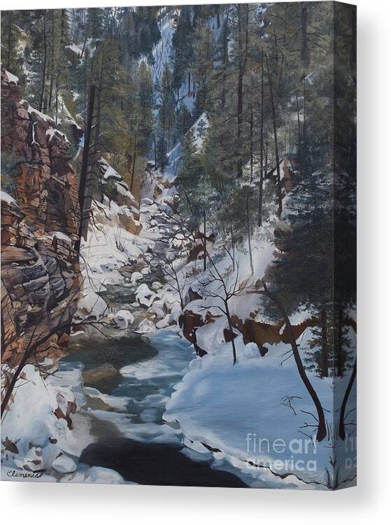 Water Canvas Print featuring the painting Snowy forest stream by Barbara Barber