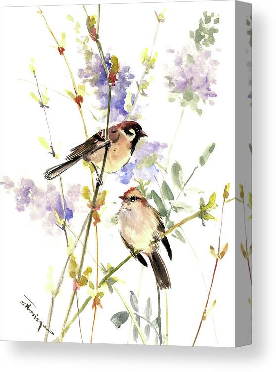Sparrows Canvas Print featuring the painting Sparrows and Spring by Suren Nersisyan