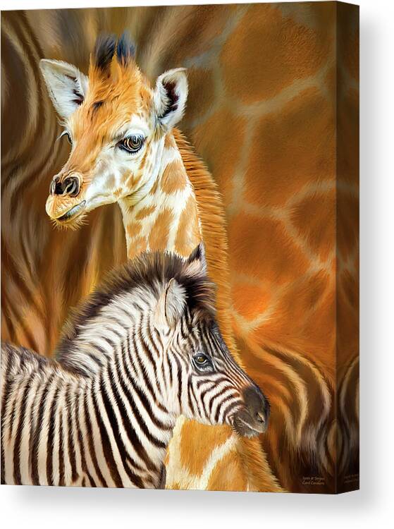 Carol Cavalaris Canvas Print featuring the mixed media Spots And Stripes - Giraffe And Zebra by Carol Cavalaris