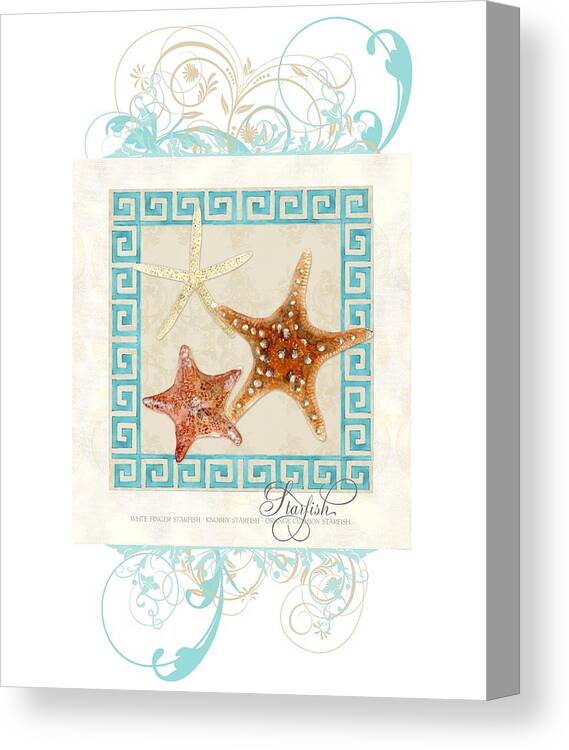 White Finger Starfish Canvas Print featuring the painting Starfish Greek Key Pattern w Swirls by Audrey Jeanne Roberts