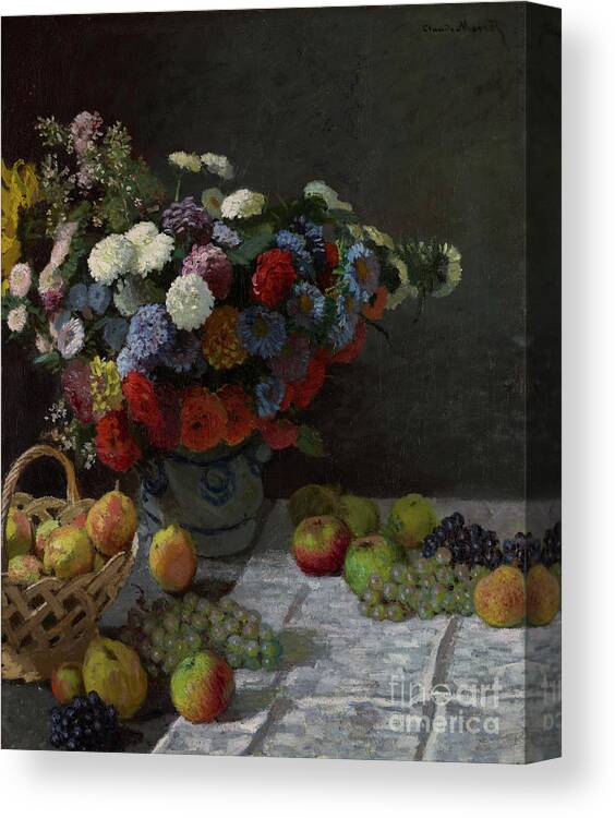 Famous Canvas Print featuring the painting Still Life with Flowers and Fruit by Claude Monet by Esoterica Art Agency
