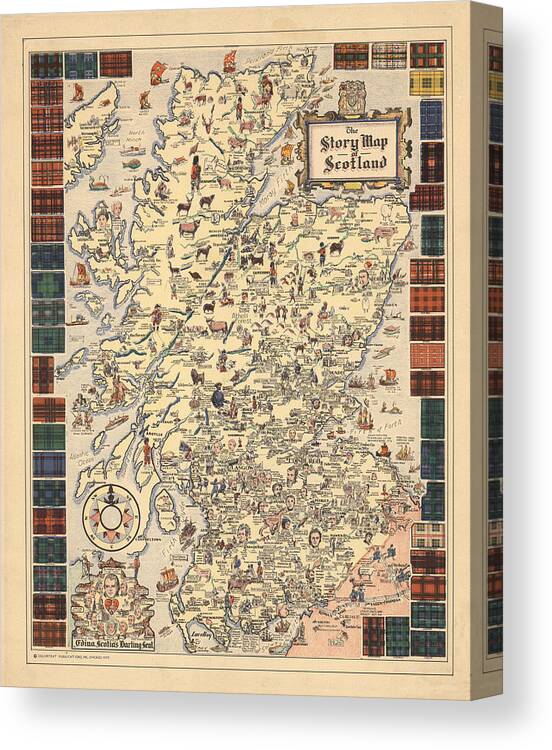Pictorial Map Canvas Print featuring the drawing Story Map of Scotland - Illustrated Map - Historical Map - Pictorial Map by Studio Grafiikka