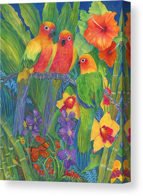 Birds Canvas Print featuring the painting Sun Conure Parrots by June Hunt