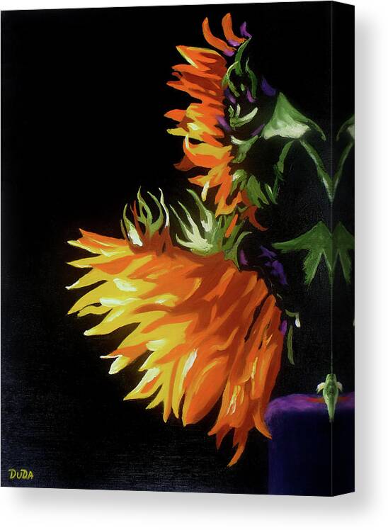 Sunlit Sunflowers Bright Sunflowers Yellow Orange Flowers Still Life Black Background Canvas Print featuring the painting Sunlit Sunflowers by Susan Duda