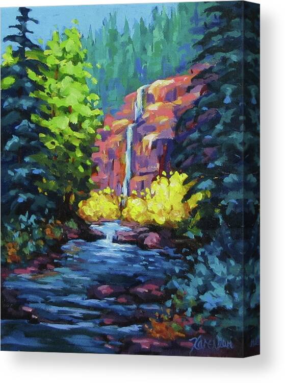 Color Canvas Print featuring the painting Sunlit Waterfall by Karen Ilari