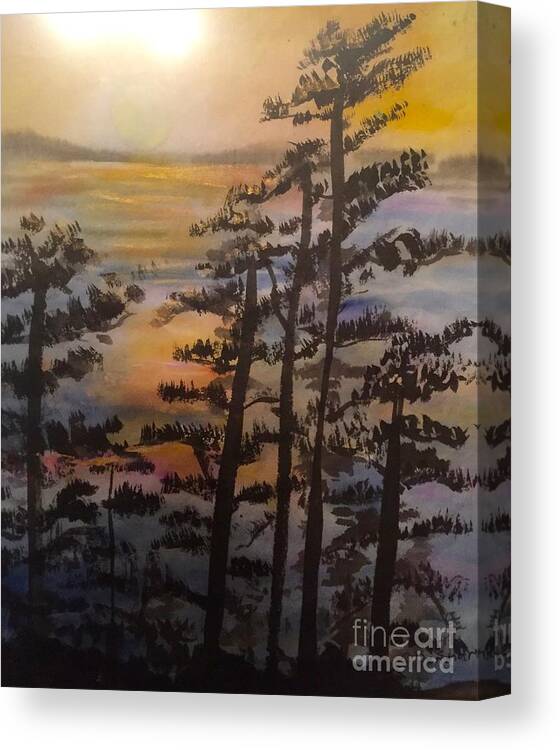  Sunrise Landscape Lake Ocean Trees Chinese Canvas Print featuring the painting Sunrise by Carol DENMARK