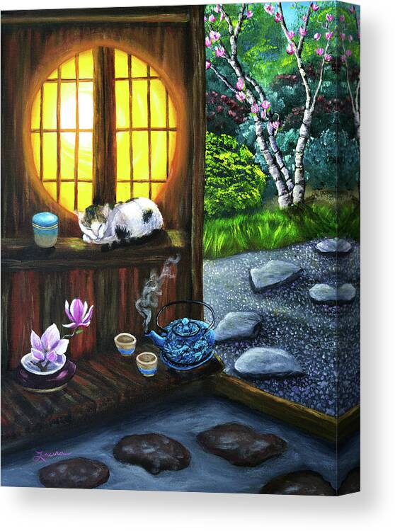 Zen Canvas Print featuring the painting Sunrise in Moon Window by Laura Iverson