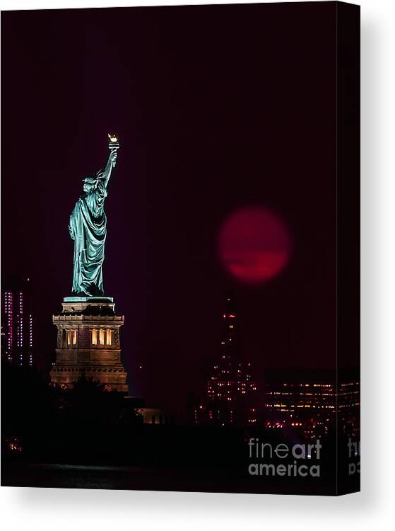 Supermoon Canvas Print featuring the photograph Super Moon Rising and the Statue of Liberty by Alissa Beth Photography