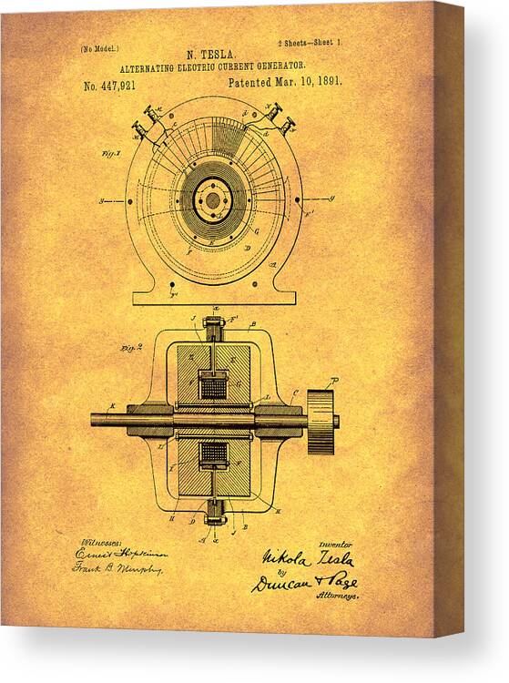 Tesla Canvas Print featuring the drawing Tesla Generator 1891 Patent Art Gold by Prior Art Design