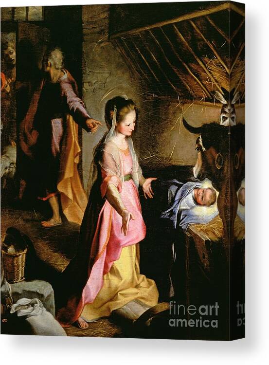 Nativity Canvas Print featuring the painting The Adoration of the Child by Federico Fiori Barocci or Baroccio