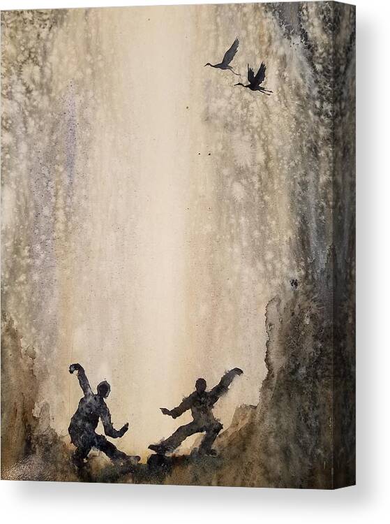 The Flying Cranes Canvas Print featuring the painting The flying cranes, waterfall and Tai chi by Han in Huang wong