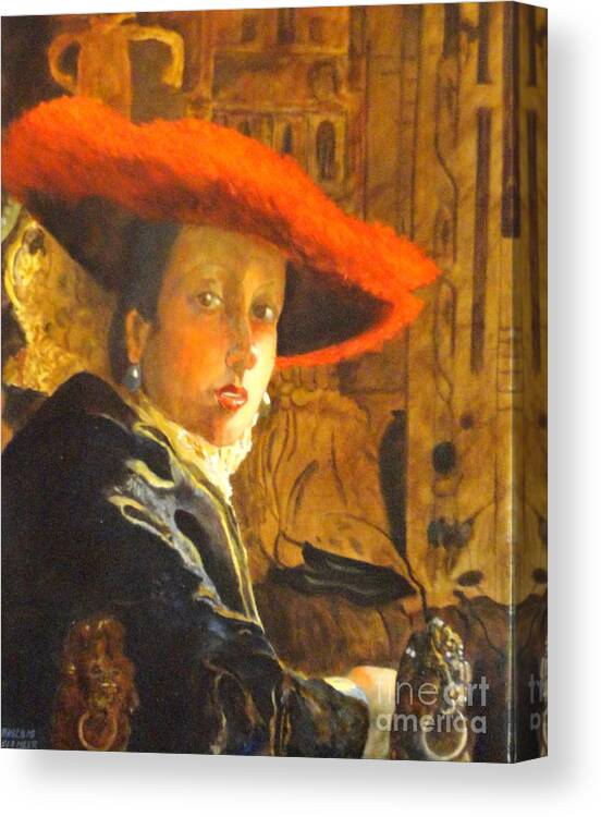 Masterworks Copy Canvas Print featuring the painting THE GIRL WITH THE RED HAT after Jan Vermeer by Dagmar Helbig