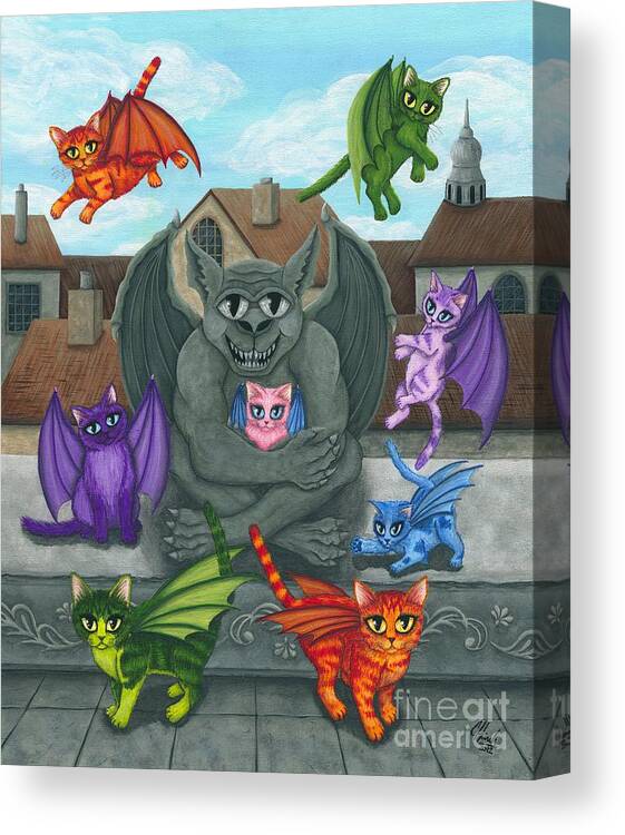 Winged Cat Canvas Print featuring the painting The Guardian Gargoyle AKA The Kitten Sitter by Carrie Hawks